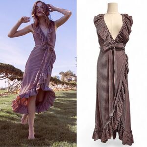 MISA Stripe Velvet Ruffle Wrap Midi ‘EVE’ Dress M Plunged V Neck Fairy Romantic